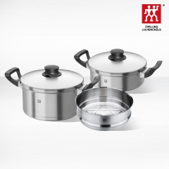 德国双立人Twin Olymp系列锅具3件套装厨房锅具烧锅炒锅蒸笼 不锈钢色